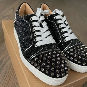 Christian Louboutin Vieira 2 Flat Spikes Black Crosta Lace Low Top Sneaker